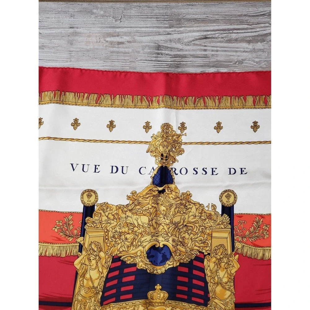 Hermès Vue du Carrosse de La Réale Silk Scarf 35x35 Red Navy Gold White
